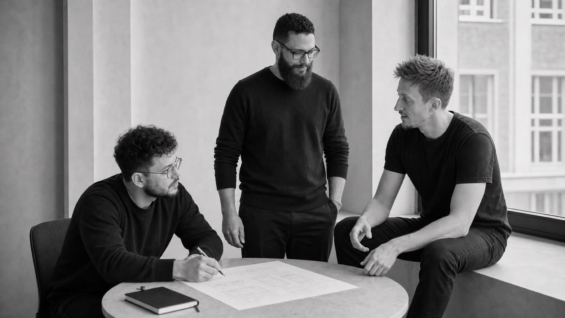 Three Veren team members reviewing an interface draft together