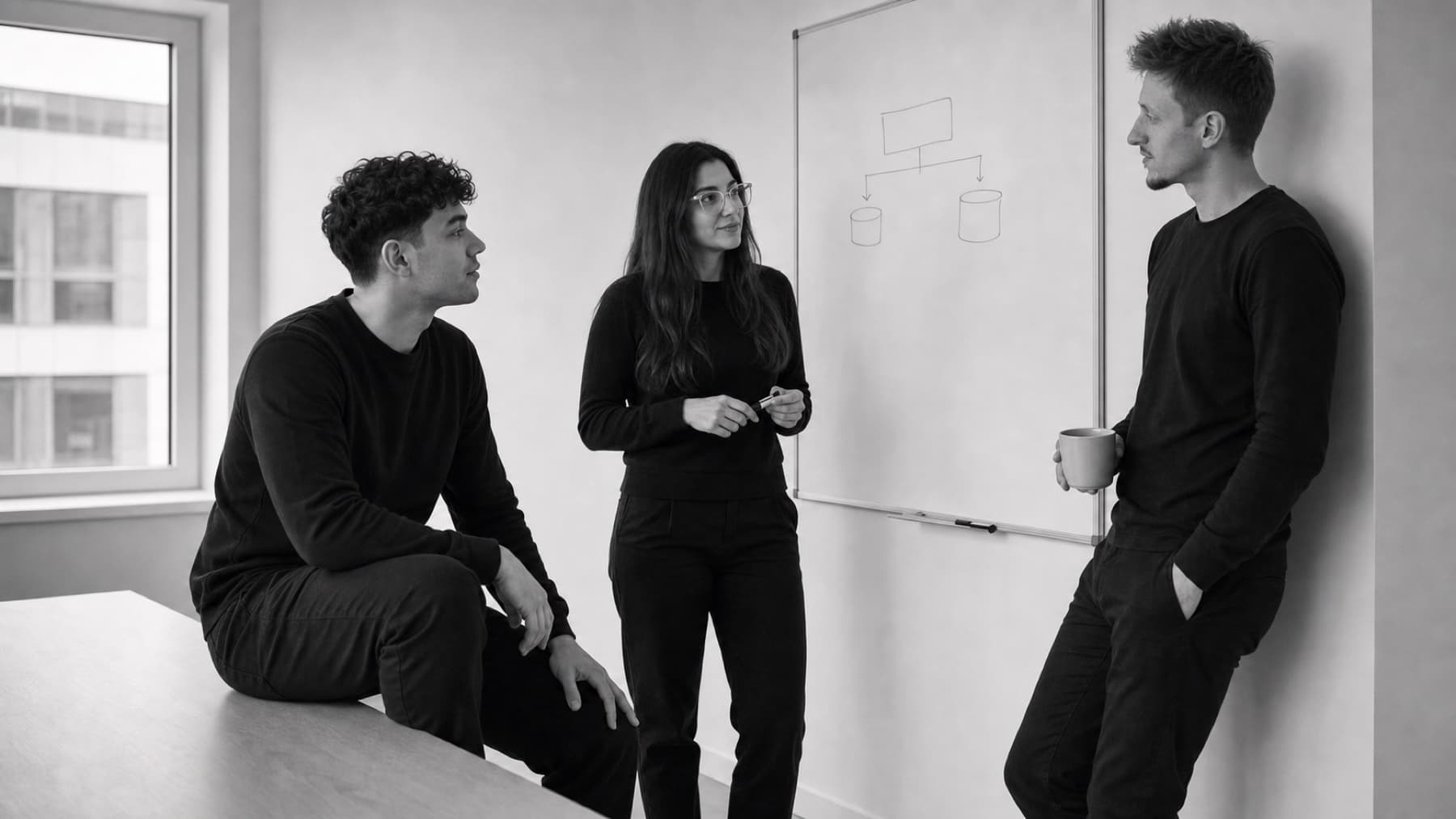 Three Veren team members in a working session at a whiteboard