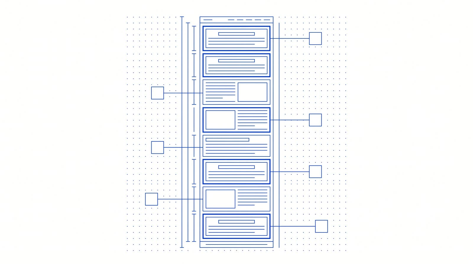 An annotated page wireframe with six blocks singled out and called out to the margin